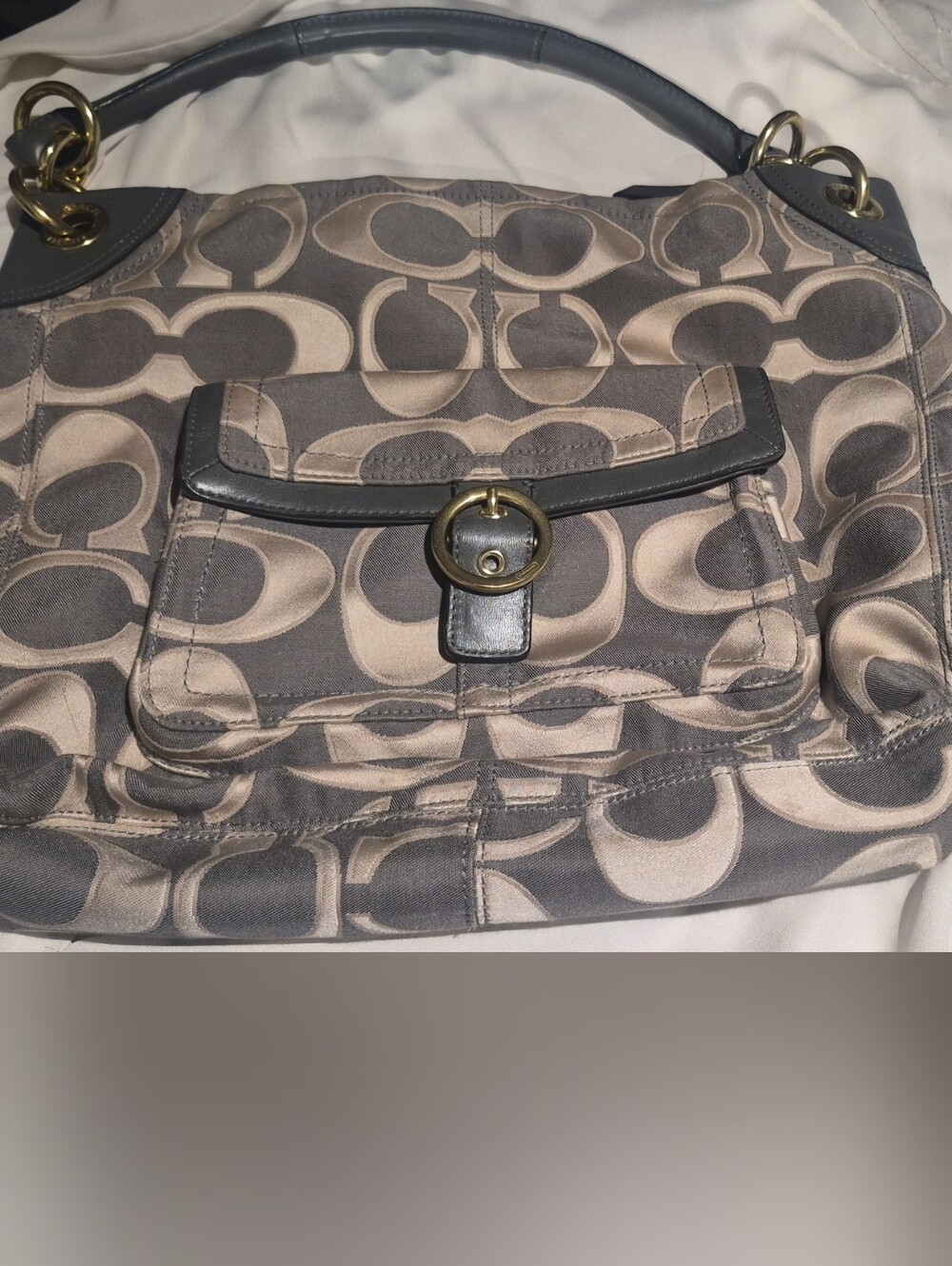 Coach Monogram Shoulder Bag Grey and Chalk with Gold Hardware